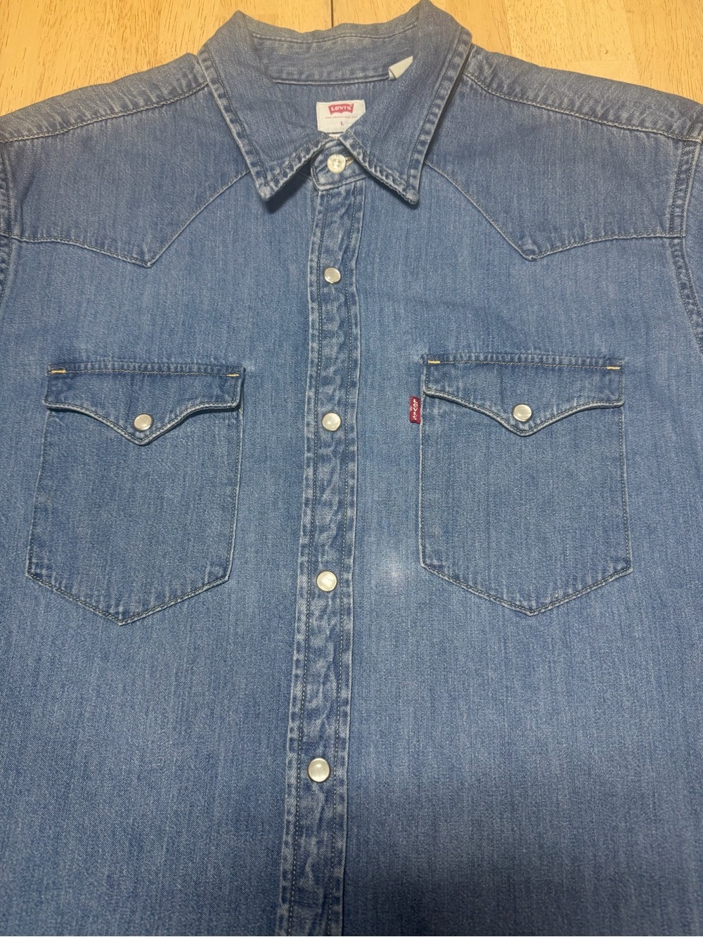 Levi’s Mens Large Western Pearl Snap Denim Shirt Blue Long Sleeve Cowboy Ranch - Picture 3 of 12